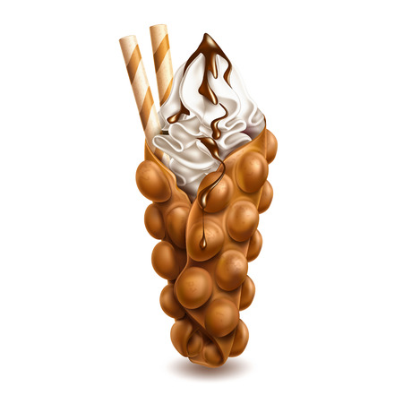 Vector realistic bubble waffle. 3d Hong Kong wafer or egg waffle with sweet ripe strawberry, vanila cream and chocolate and sticks. Gourmet dessert food, delicious restaurant meal, snackのイラスト素材