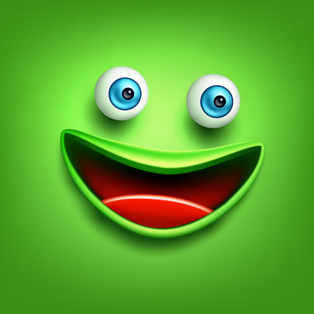 Vector funny green smiling face, emoticon with cute facial expression. Laughing emoji character, cheerful comic symbol with symbol of happiness.のイラスト素材