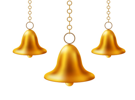 Vector christmas tree toys set. Realistic shiny golden bells. Traditional festive xmas eve, new year celebration decoration design symbol. Bright decorative hanging objectsのイラスト素材