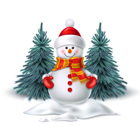 Vector realistic snowman smiling standing in snow near spruce trees. Cute new year, christmas holiday character smiling in red mittens, scarf and hat. Winter outdoor kids symbol, greeting card designのイラスト素材