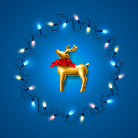 Vector christmas poster, banner background with golden reindeer in red scarf jewelry in circle christmas lights garland frame on blue backdrop. New year, xmas cute decorationのイラスト素材