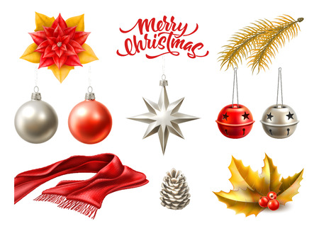 Merry christmas winter holiday realistic symbols set. Christmas tree toys - vector balls, star jingle bells, spruce tree branch, holly leaves with berry, poinsettia flower, pine cone, knitted scarfのイラスト素材