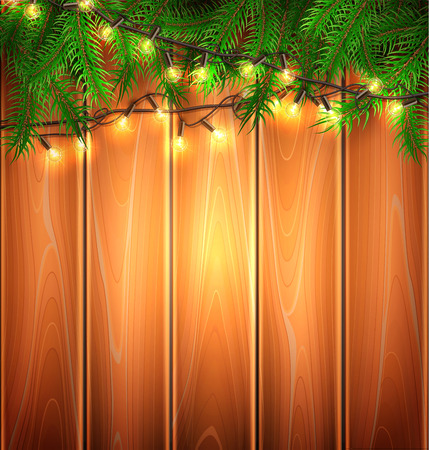 Vector christmas lights, realistic glowing garland with spruce tree twigs on wooden plank wall backdrop. New year, xmas holiday festive poster, banner greeting card background designのイラスト素材