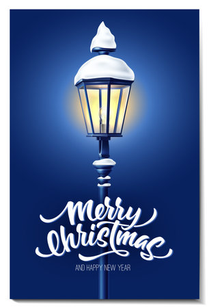 Vector realistic glowing streetlight at night with snowcaps merry christmas lettering inscription. 3d vintage lamppost with snow for xmas, new year holiday poster greeting card design. Shining lanternのイラスト素材