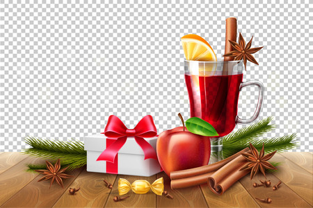 Vector mulled wine glass with lemon, carnation cinnamon apple, candies, spruce branches present gift box at wooden table transparent background. Cozy christmas, new year holiday poster with realisticのイラスト素材