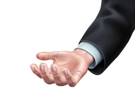 Businessman hand in suit with open palm holding something. Concept of show, special offer or implementation of innovative technologies. Realistic vector hand proposing solutionのイラスト素材