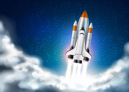 Space shuttle takeoff with fire from engines on night star sky with clouds background. Realistic rocket launch. Space exploration, product or start-up launch, innovation concept. Vector illustrationのイラスト素材