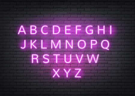 Neon alphabet on dark brick wall background. Retro glowing letters for nigh club, bar or vintage cafe signage design. Vector electric lamp style type for casino, nightlife entertainment decorationのイラスト素材