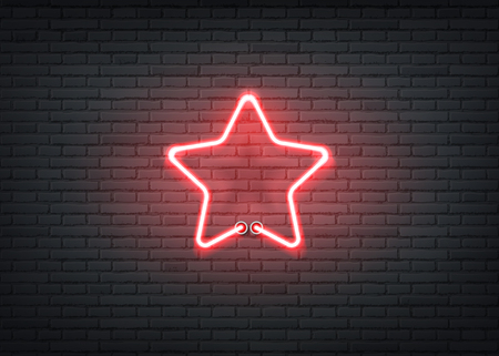 Neon star signage on dark brick wall background. Retro signage for night clubs, casino or entertainment events. Bar or nightlife show glowing sign. Vector illustrationのイラスト素材