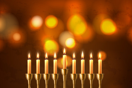 Hanukkah jewish holiday background with realistic seven candles closeup of hebrew menorah candelabrum on blurred bokeh backdrop. Israel traditional celebration invitation design. Vector illustrationのイラスト素材