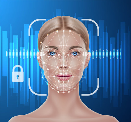 Face recognition concept. Biometric face scanning of realistic beautiful girl. Personal verification, cyber protection. Futuristic security, identity detection with AI algorythms. Vector illustrationのイラスト素材