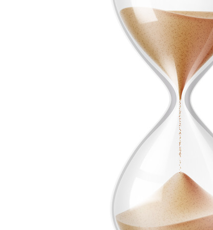 Realistic hourglass closeup. Vector sandglass on isolated background. Vintage clock, 3d classic interior object, symbol of time management. Detailed illustrationのイラスト素材
