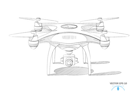 Realistic air drone with camera. Unmanned aircraft system. Quad copter white mockup. Modern remote technology tool for delivery, surveillance and video filming. Vector sketch drawing illustrationのイラスト素材