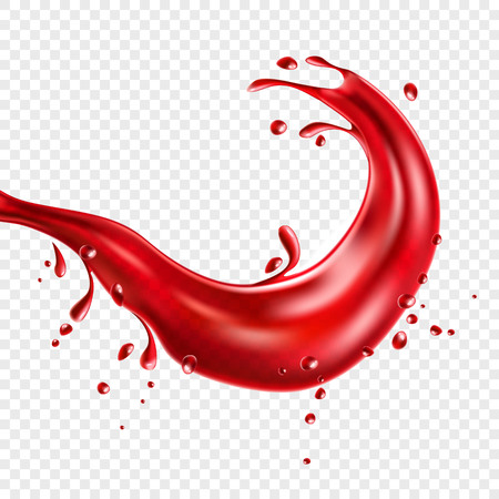 Red juice realistic splash. Strawberry or cherry juice motion flow on transparent background. Healthy drink full of vitamins for product packaging design. Paint explosion, vector illustrationのイラスト素材