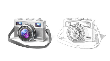 Realistic vintage film photo camera with detailed macro lens, body. Vector retro professional digital, analogue camera. Photography optical device. Realistic illustration and sketch drawing versionの写真素材