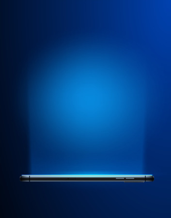 Realistic smartphone with glowing blue touch screen. Modern mobile phone, digital device for communication. Hi-tech electronic gadget with camera. Vector illustrationのイラスト素材