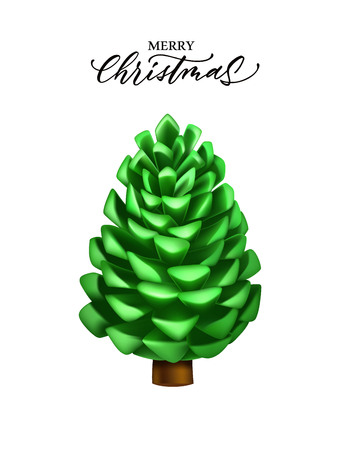 Merry christmas lettering on green pine cone as christmas tree. Christmas, new year holiday greeting cards, invitations sale posters decoration elements. Realistic winter spruce, fir tree seed. Vectorのイラスト素材