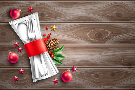 Festive dinner table setting spoon, fork knife, napkin with red ribbon spruce branch, pine cone, red star, ball toy on wood. Christmas holiday restaurant, cafe menu, invitation, greeting card vectorのイラスト素材