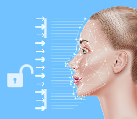 Face recognition concept. Biometric face scanning of realistic beautiful girl. Personal verification, cyber protection. Futuristic security, identity detection with AI algorythms. Vector illustrationのイラスト素材