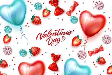 Happy Valentines day poster. Realistic heart shape balloons with strawberry, candies backdrop. Spring holiday decoration. Invitation card, celebration party design. Vector illustrationのイラスト素材