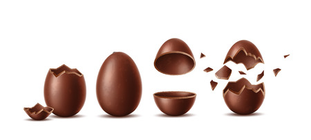 Realistic chocolate eggs set. Broken, exploded eggshell, two halves and whole chicken egg. Sweet easter holiday symbol. Vector dessert made of dark cocoa. Restaurant, cafe menu, celebration design.のイラスト素材
