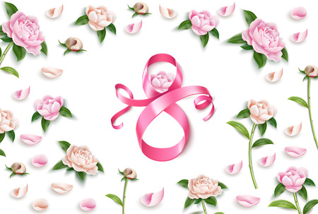 Happy womens day poster with eight number 8 with peony flowers, petals background for women day, 8 of march holiday. Silk ribbon sign with flowers for greeting card invitation vector designのイラスト素材