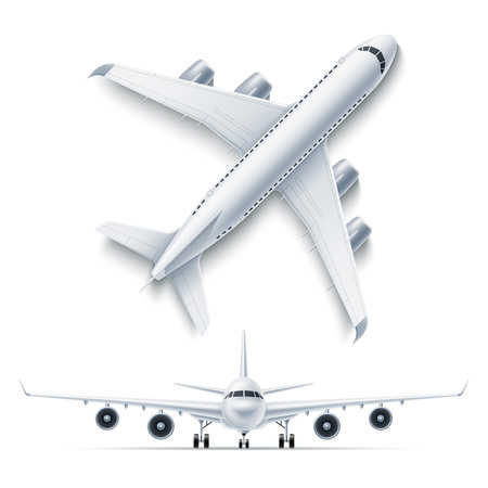 Realistic airplane mockup top, front view 3d . Symbol of travelling and tourism. Airline jet, aviation transportation charter. Modern airliner with turbines. Passenger aircraft, vector illustrationのイラスト素材