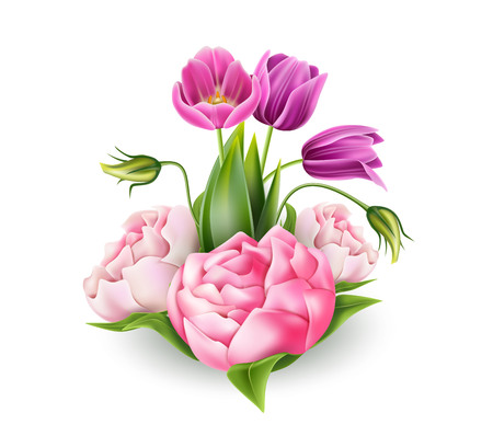 Realistic peony, tulip flowers bouquet. Elegant valentines day, international women day holiday decoration. Vector wedding, marriage invitation card objects. Beautiful vintage florals sign of loveのイラスト素材