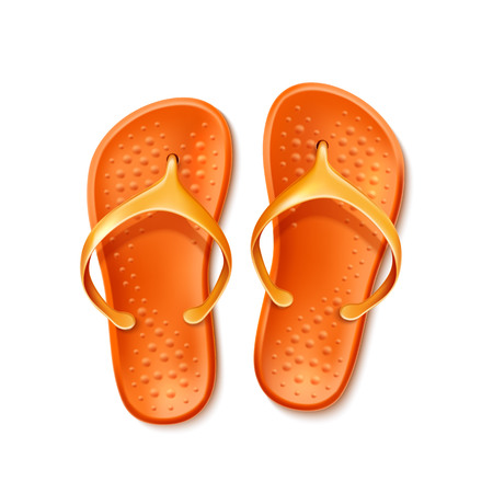 Orange flip-flops for summer design. Beach slippers, rubber holiday footwear. Summer seaside travelling and tourism symbol. Vector tropical recreation sandal.のイラスト素材