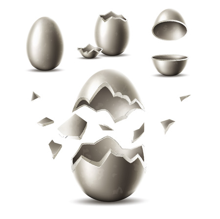 Silver egg with broken, exploded eggshell. Easter holiday symbol. Investment, money and success concept. Restaurant, cafe menu design. Earnings and savings design object. Vector illustrationのイラスト素材