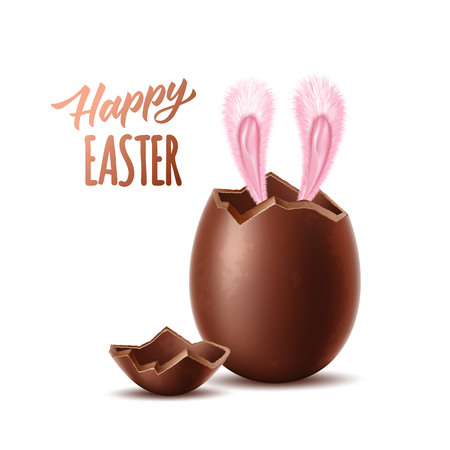 Happy easter poster with rabbit ears sticking out realistic chocolate egg. Broken, exploded eggshell and hare ears. Sweet easter holiday symbol celebration design. Vector 3d dessert made of dark cocoaのイラスト素材