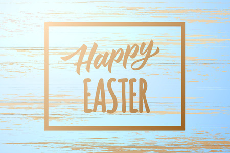 Happy easter poster on wooden vintage texture background. Spring holiday lettering on realistic vector timber wood surface. Vector traditional religious holiday celebration illustrationのイラスト素材
