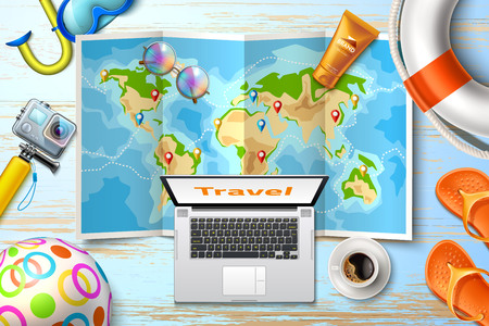 Travelling planning, online tours poster with route on world map with navigation tags at table lifebuoy, laptop, snorkel action camera and sunscreen cream. Time to travel summer vacation vector posterのイラスト素材
