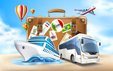 Time to travel poster. Vector best tours promotion, travelling and tourism banner with vintage travel bag suitcase on sand, cruise ship, tourist bus on sky background with air balloons, airplane.のイラスト素材