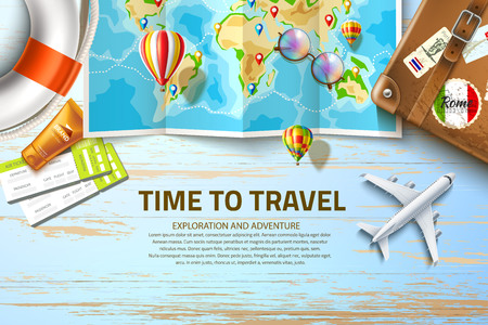 Travelling route on world map with navigation tags at table with airliner plane, vintage suitcase, lifebuoy, flight tickets and sunscreen cream. Time to travel, summer vacation vector posterのイラスト素材