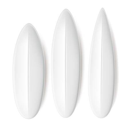 White longboard, shortboard and funboard surfboard mockup set. Vector surfing equipment realistic element. Extreme summer water sport, holiday vacation. Seaside travelling, outdoor leisure activity.のイラスト素材