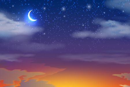 Orange glow of sunset with blue night sky background. Moon with stars on white clouds with red light from setting sun. Ramadan Kareem holiday design. Vector illustrationのイラスト素材