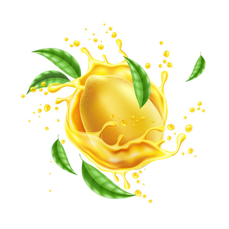Realistic lemon juice explosion with citrus fruits and green leaves. Juicy yellow splash for fresh drink product package design. Vector swirl flow for healthy beverage decoration.のイラスト素材