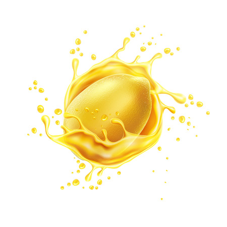 Realistic lemon juice explosion with whole fruit in liquid flow. Juicy yellow splash for fresh drink product package design. Vector citrus swirl flow for healthy beverage decoration.のイラスト素材
