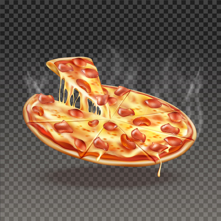 Realistic juicy pizza with cheese and pepperoni. Italian delicious round meal. Vector tasty restaurant menu design decoration element. Traditional Italian cuisine on transparent background.のイラスト素材
