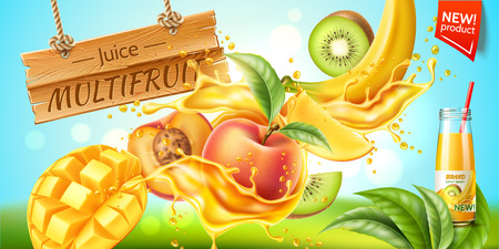 Vector realistic tropical fruit in juicy explosionのイラスト素材