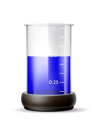 Realistic chemistry laboratory tube with blue liquid. Chemical experiment glassware for education design. Vector pharmaceutical flasks, test-tube. Symbol of discovery and chemistry.のイラスト素材