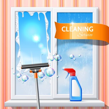 Vector window cleaning squeege 3d detergent sprayのイラスト素材