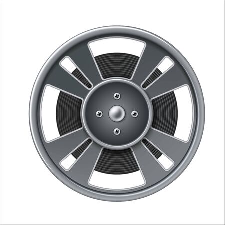 Realistic film reel or bobbin with filmstripe. Vector movie retro sign. 3d cinema roll for entertainment design.のイラスト素材