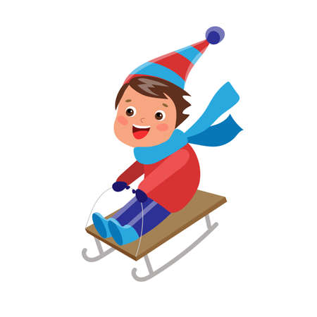 Vector cheerful teen boy on sled having funのイラスト素材