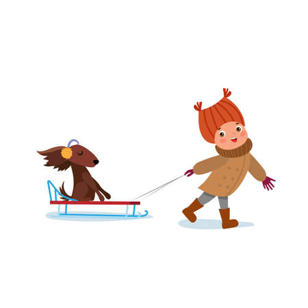 Vector cheerful teen girl with dog in sledのイラスト素材