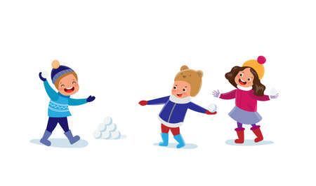 Vector kids playing snowball at winter outdoorsのイラスト素材