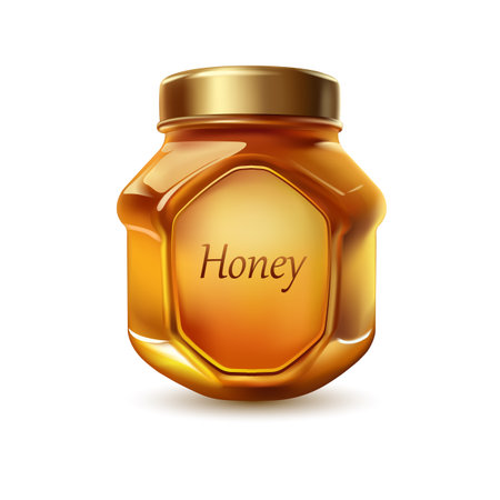 Vector realistic honey jar bottle with sticker 3dのイラスト素材