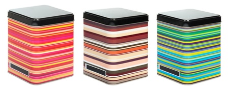 Three cereals boxes with black lid isolated on whiteの写真素材