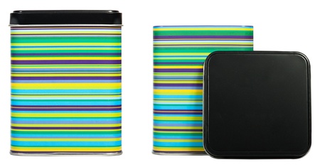 2 cereals boxes with black lid isolated on whiteの写真素材